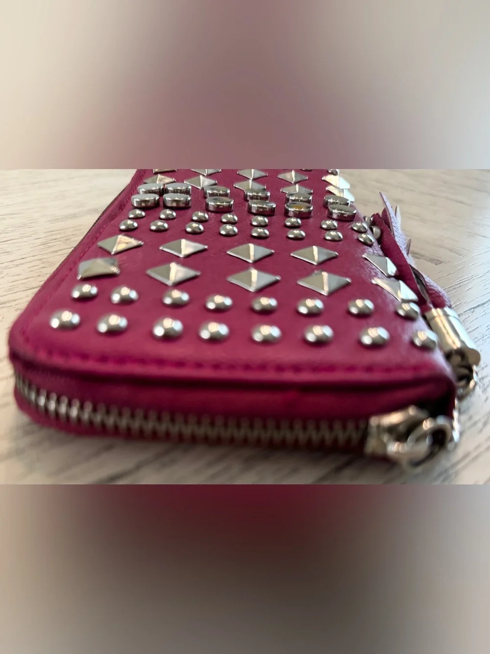 Fuchsia Pink Studded Zip Around Wallet Silver Hardware Tassel Y2K